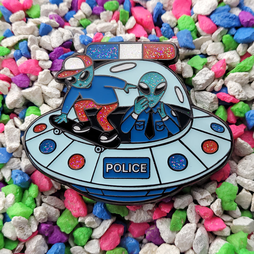 an alien skateboarder grinding on an alien spaceship police car while the officer inside radios into dispatch