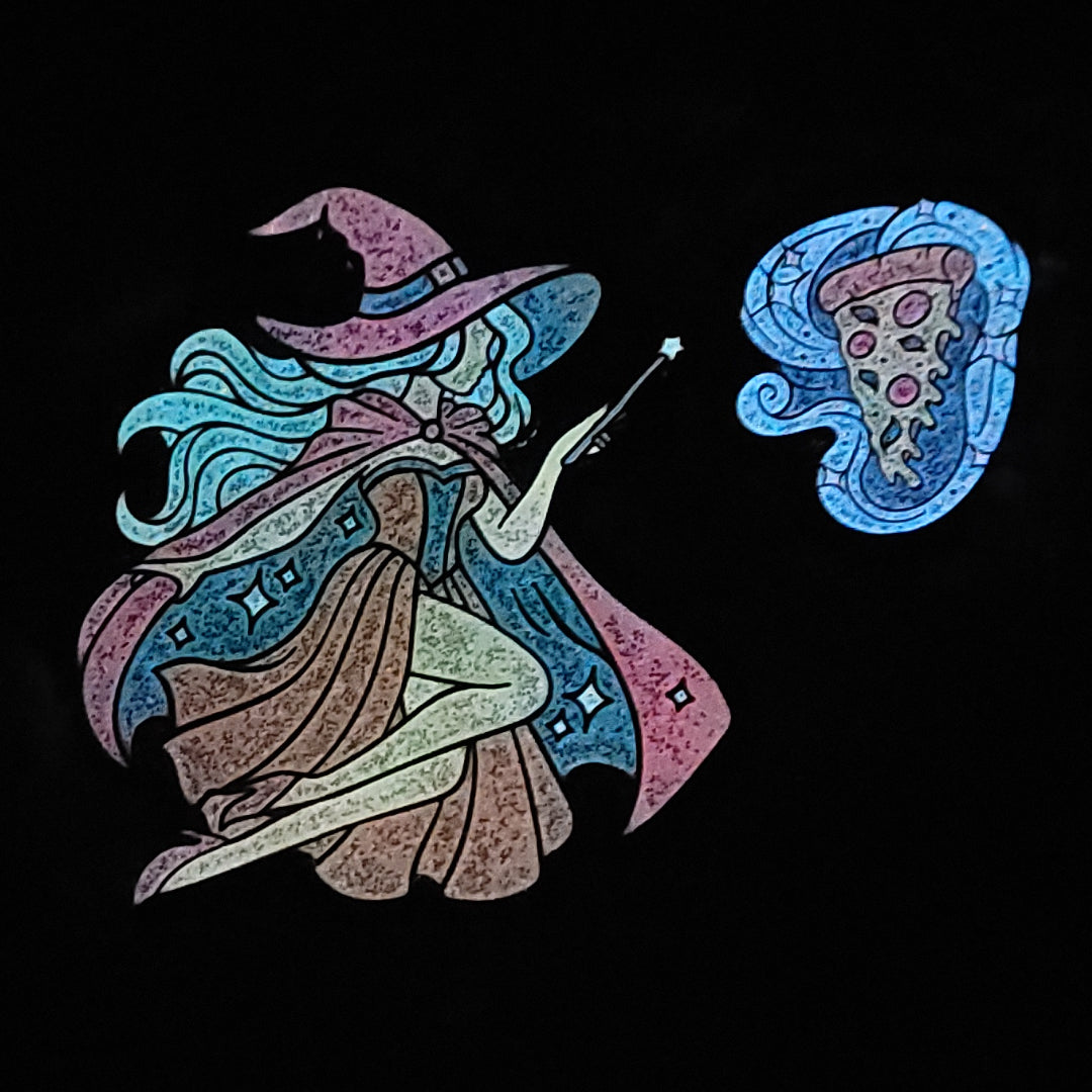 glow in the dark effect of witch and pizza pin