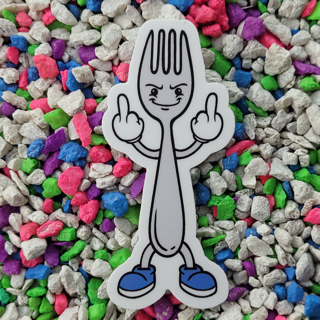 A vinyl sticker featuring a cartoon fork with arms and legs, and it's giving two middle fingers.
