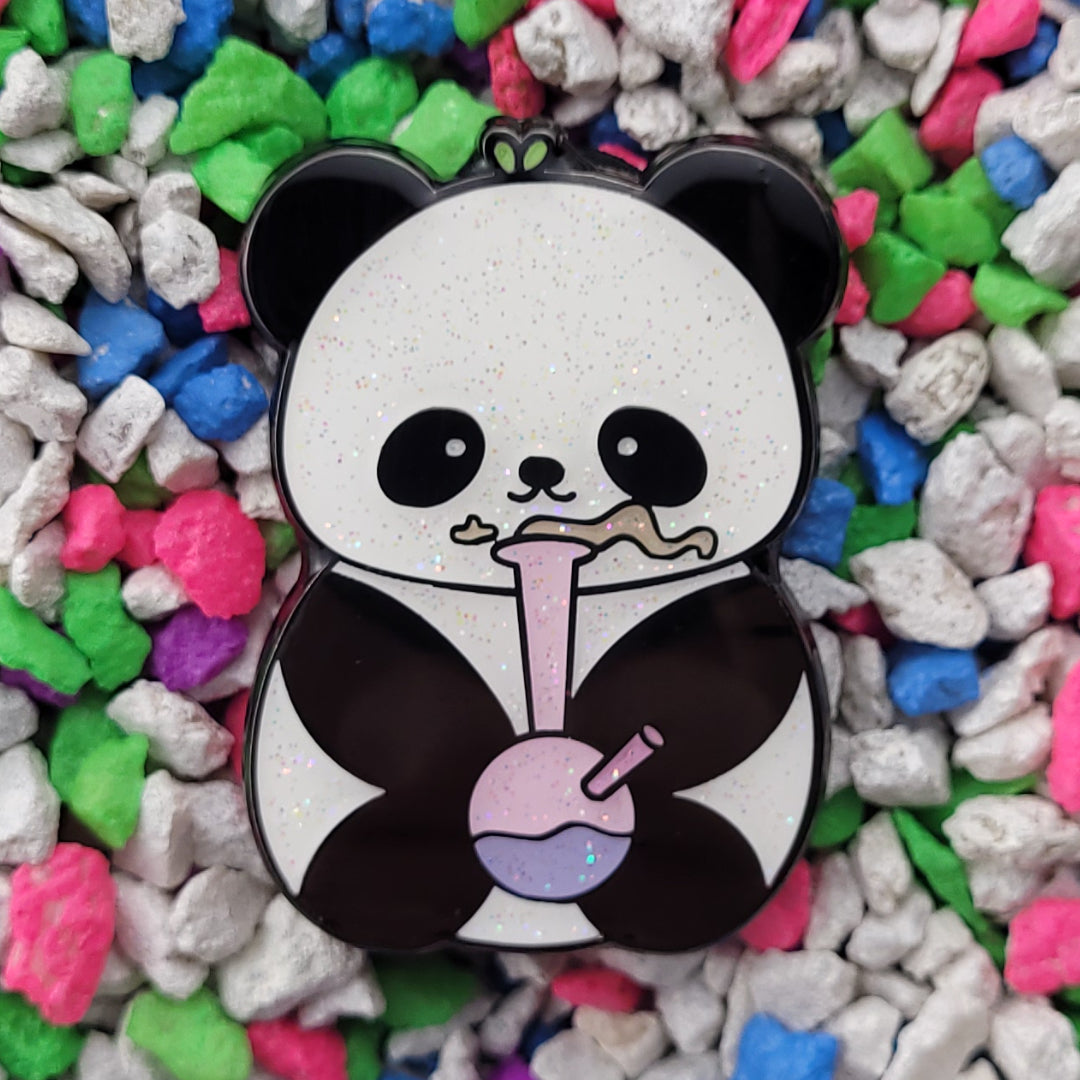 An enamel pin of a panda bear with a bong.