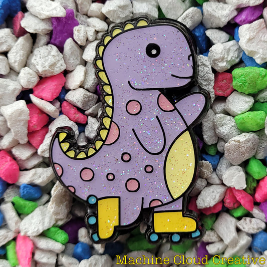 An enamel pin of a purple dinosaur with pink spots and yellow accents rollerskating on two feet and waving with one arm.
